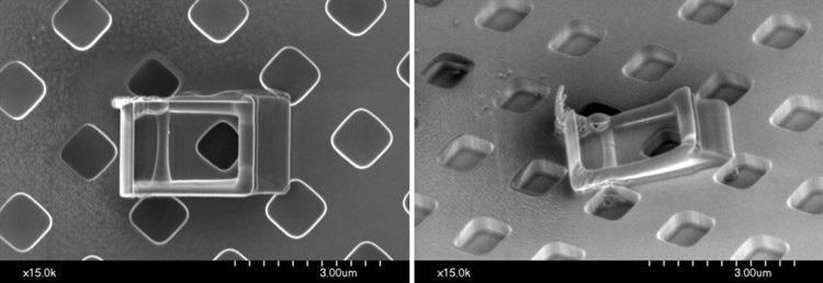Contamination formed on a silicon wafer sample during 2 hours of continuous electron beam bombardment. The left image was taken with 60° sample tilt and the three-dimensional structure of the contamination can be observed.
