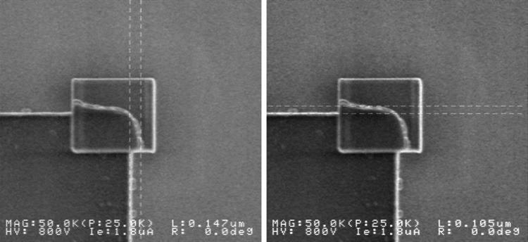 X and Y enlargement of the corner region due to contamination and drift in a CD-SEM. 800 V, 3 pA electron beam bombardment for 6 minutes.