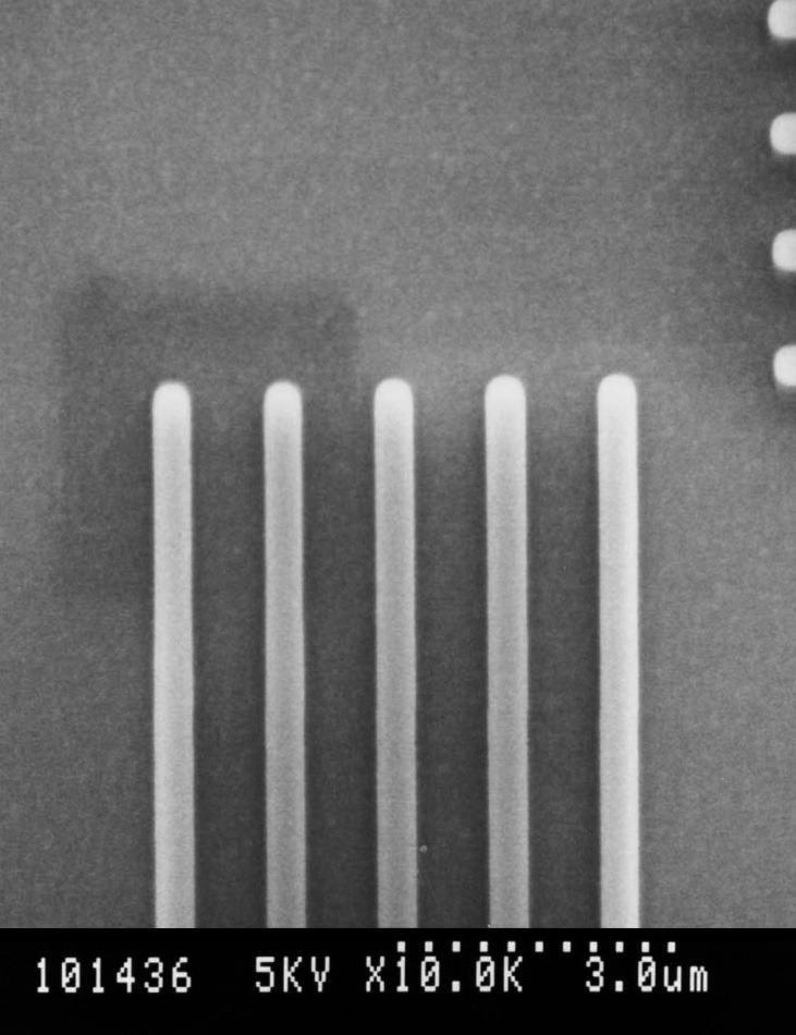 Tilt wafer SEM. Minimal contamination mark on a polysilicon sample after treatment, 15 minutes dwell time at 30,000x magnification, at 5 kV.