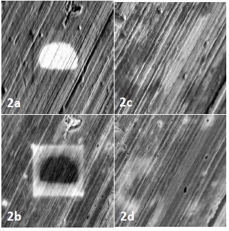 Contamination artifacts on the surface of the aluminum stub (a,b) are absent after plasma cleaning (c,d).