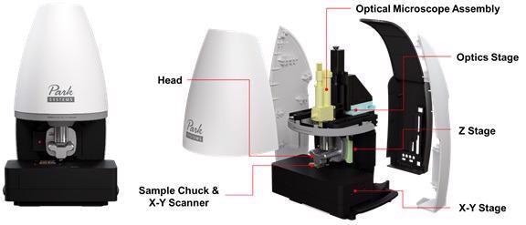 Front view of Park FX40. The view on the right reveals some major components normally hidden by the microscope housing.