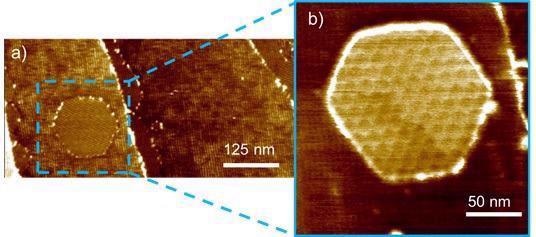 Moiré pattern observed on graphene on h-BN. a) Topography scan of graphene on h-BN, vertical scale 0 to 6 nm. b) Zoom in: Moiré pattern clearly visible, vertical scale 0 to 6 nm.