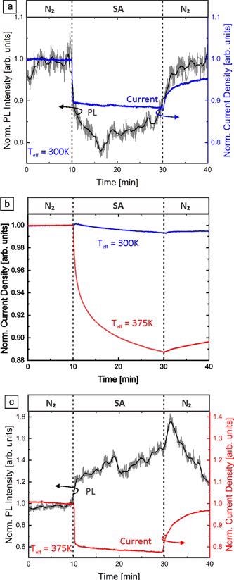 Normalized NBE PL intensity and normalized current density of GaN NFs on an AlN template under illumination with 266 nm light at (a) 300 K and (c) 375 K. The atmosphere was changed from dry N2 to dry SA and back under constant applied voltage (1 V) and excitation intensity (18 kW cm-2). (b) The normalized current density of GaN NFs at 300 and 375 K in the dark. Due to the sake of argument (c) is discussed later in the text.