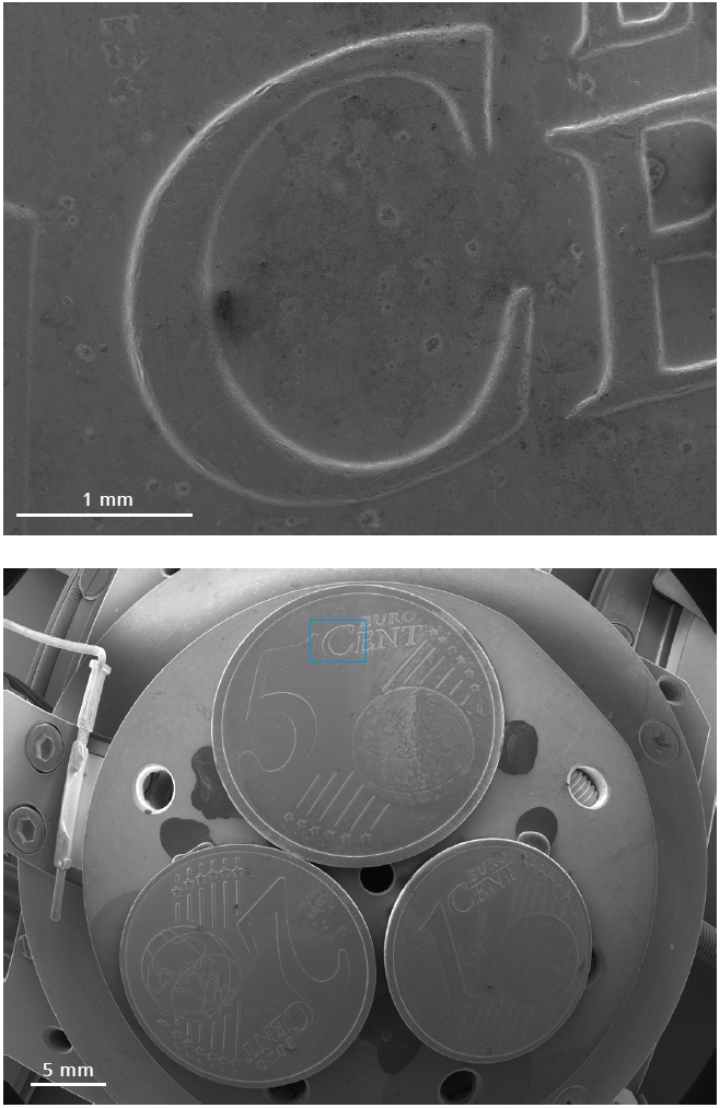 Euro coins imaged at maximum FoV in normal imaging mode (upper) and in high FoV mode (lower) using the new EO engine Smart Autopilot. The blue square shows the position and size of maximum FoV in normal imaging mode.