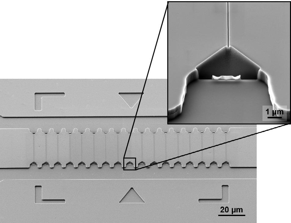 SEM image of a silicon master stamp with straight nanochannels after FIB patterning. The inset shows the tapered nanochannel inlet. The sample is tilted 54°.