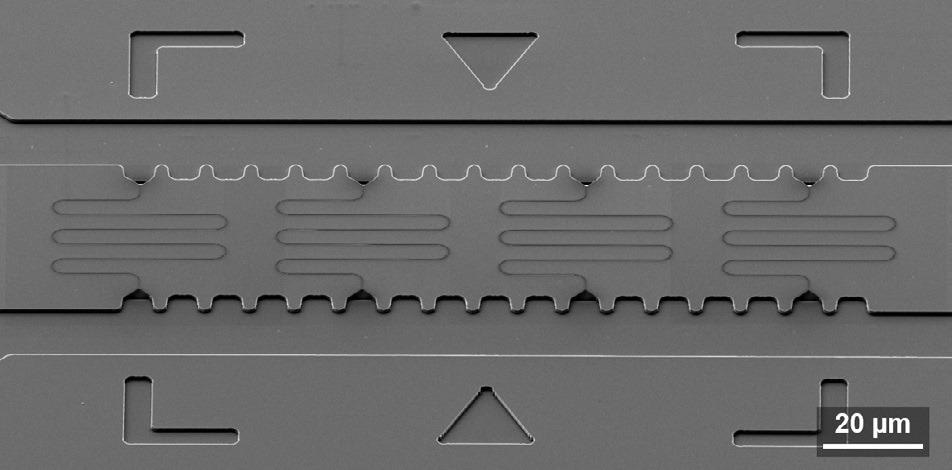 SEM image of a silicon master stamp with meander nanochannels. The sample is tilted 54°.