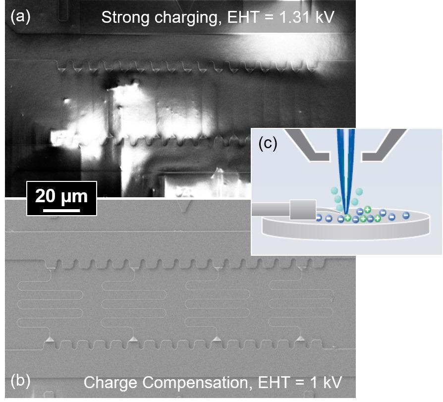 SEM images of a polymer-on-glass stamp without (a) and with charge compensation (b). The inset (c) shows the principle of local charge compensation