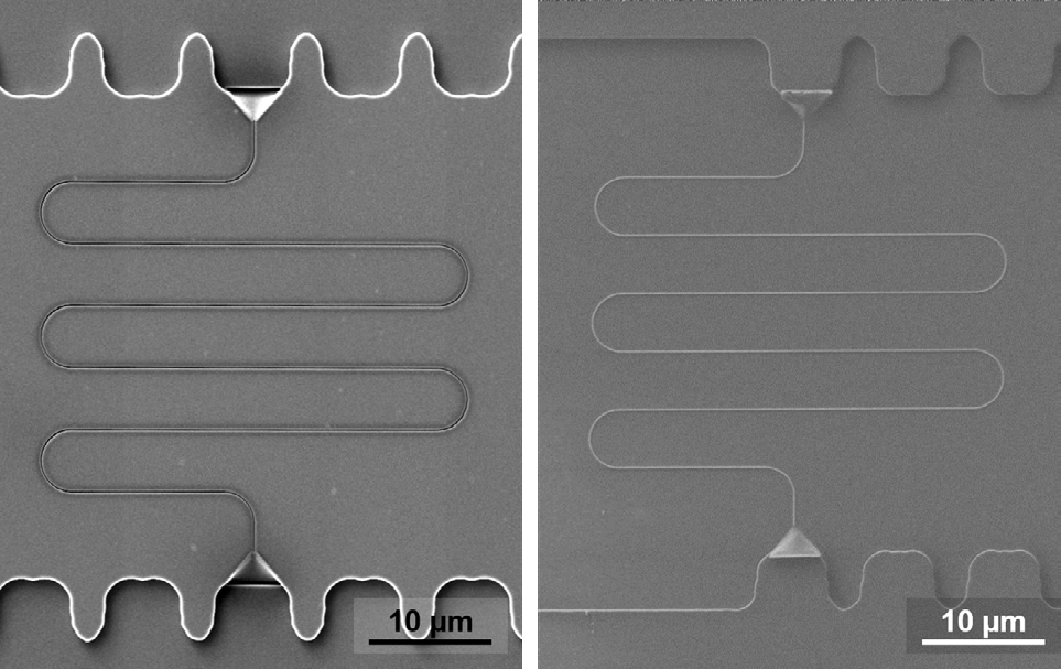 SEM images of a silicon master stamp with a meander nanochannel (left) and the same structure in the corresponding polymer-on-glass stamp (right).