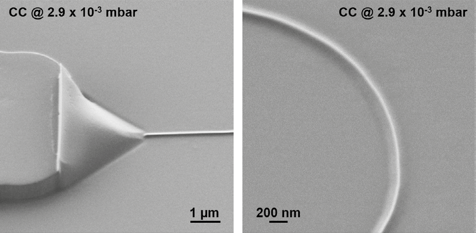 Close-up images of the inlet (left) and bend (right) of a polymer nanochannel using local charge compensation.