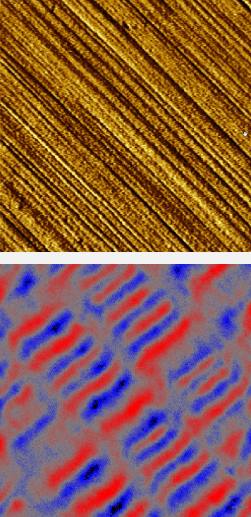 Magnetic force microscopy of hard drive with magnetically stored data. Scan size: 2 x 2 µm2.