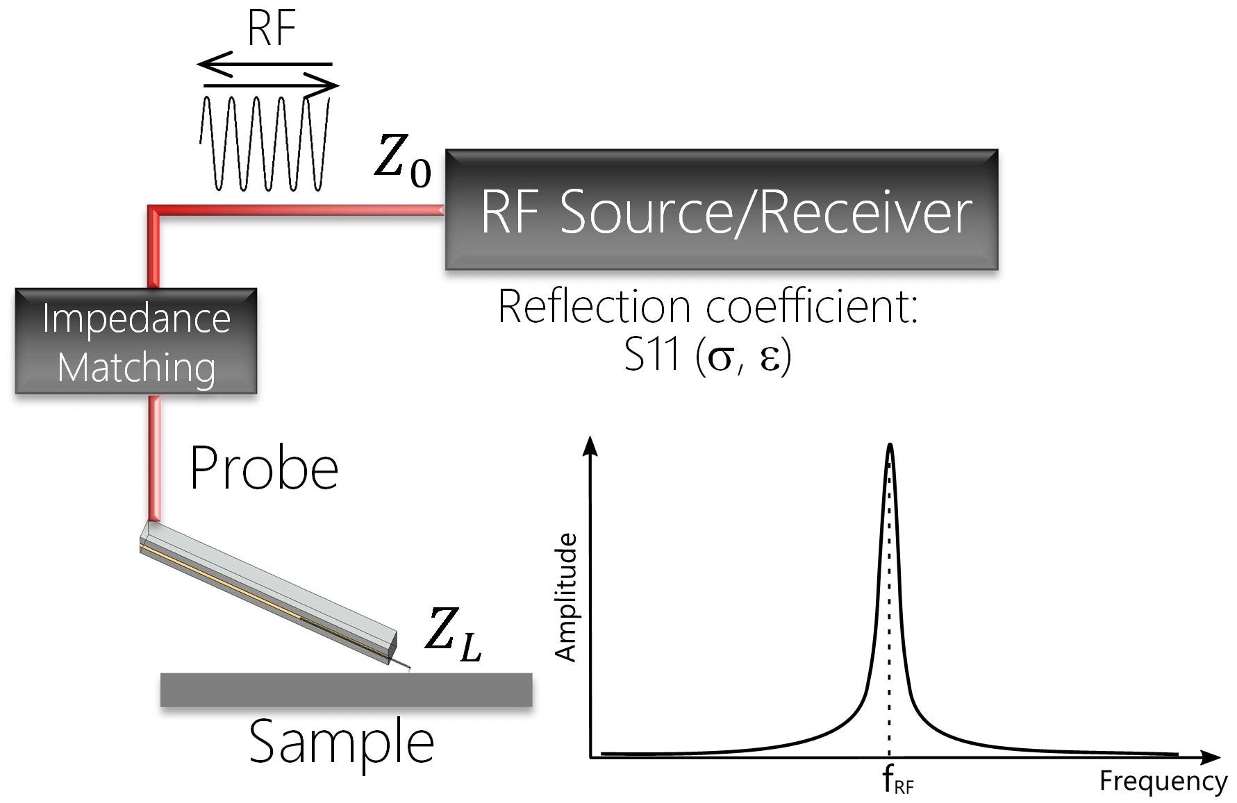 A schematic of a typical SMM setup: RF source/receiver electronics send the RF wave with impedance Z0 through the transmission line to the probe (red). The sample-probe impedance is ZL. The impedance matching circuit works as an “anti-reflection” medium between the low impedance Z0 and high impedance ZL. There is only one frequency peak (fRF) in the spectrum and the amplitude and/or phase are tracked during scanning of the surface.