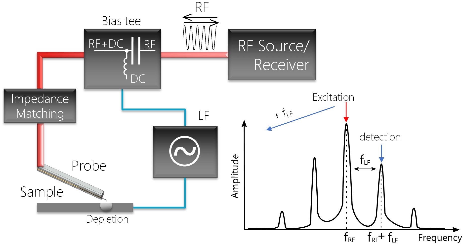 Schematic of a dS11/dV measurement: a low frequency bias voltage (LF) is applied between the probe and the sample. The non-linear behavior of the tip-sample contact causes frequency mixing between the RF and the LF signals. The frequency spectrum exhibits sideband peaks on both sides of the main RF tone (plot). The frequency of the mixed product, i.e. fRF+fLF, is used for detection of dS11/dV.