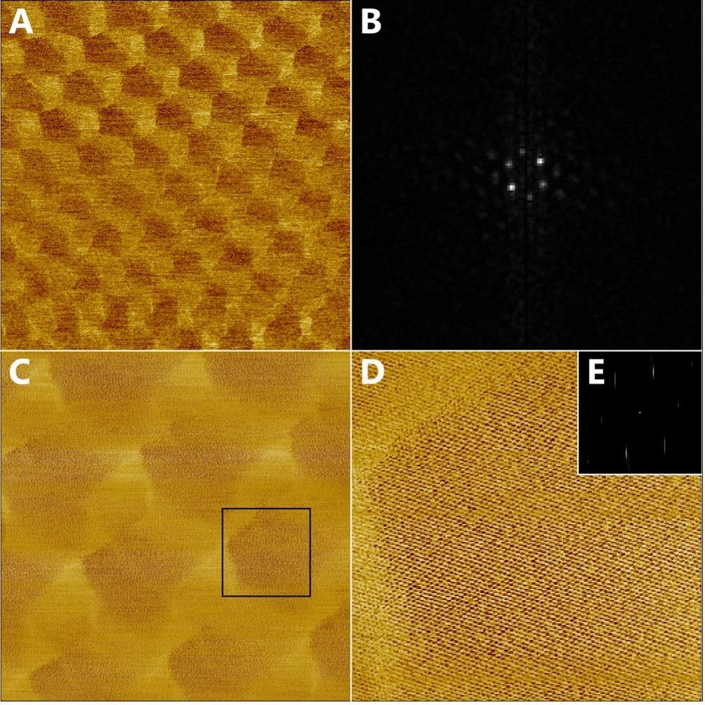 Moiré super lattice of twisted graphene on hBN imaged in force modulation mode on the contact resonance frequency. (A) phase image with scan size of: 190 x 190 nm2 (B) Center part of the Fourier transform image used to determine the lattice constant of the moiré pattern (C) phase image of 68 x 68 nm2 area rescanned with 1024 x 1024 px2 containing both the moiré superlattice and atomic lattice. (D) Digital zoom of the (C) of 17 x 17 nm2. (E) Fourier transform showing the diffraction spots from the atomic lattice.