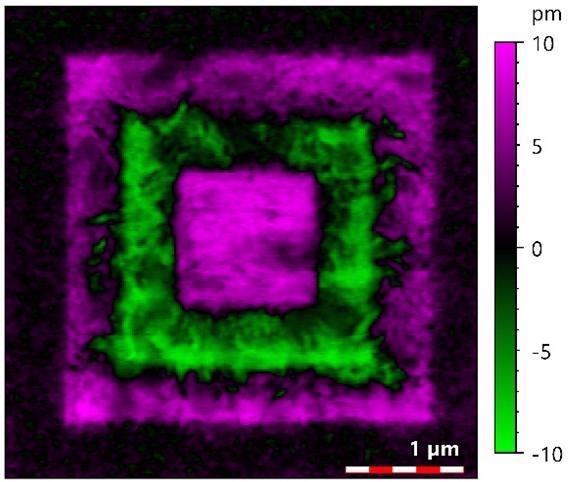 PFM amplitude projection of P(VDF-TrFE) thin film after applying DC sample bias of 40?V, -40?V, and 40?V during consecutive scanning of 3x3 µm2, 2x2 µm2, and 1x1 µm2 areas respectively. The AC amplitude amounted to 5 V. Sample courtesy: Joanneum Research Forschungsgesellschaft mbH, Austria.