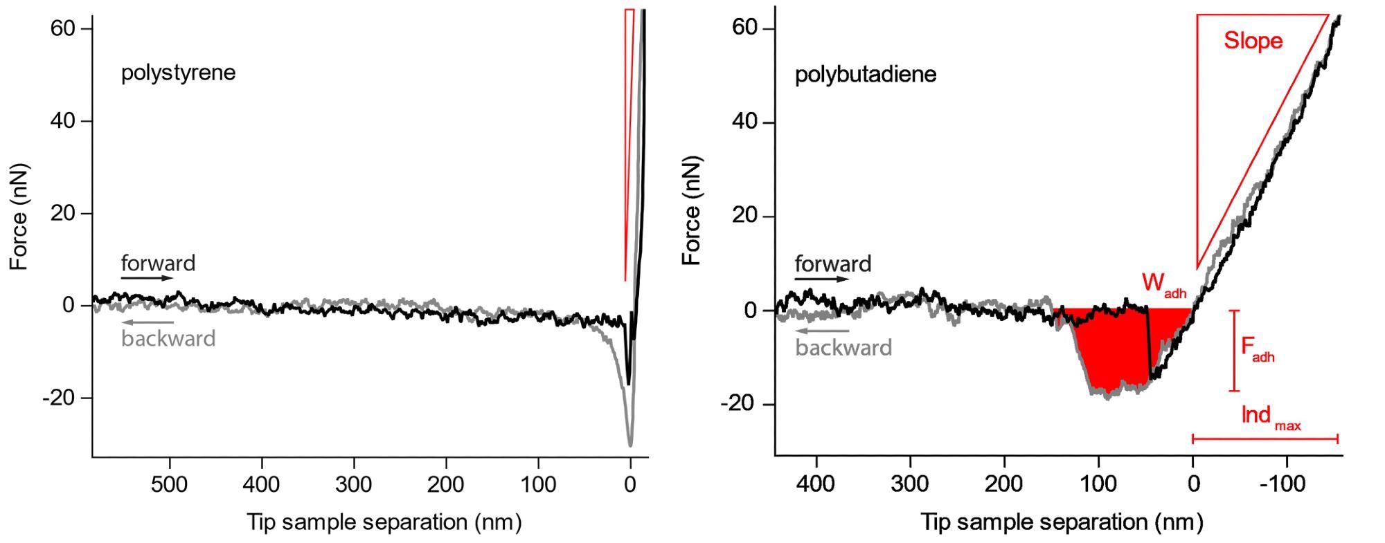 Force curves on the harder polystyrene and the softer polybutadiene. The slope, maximum adhesion force and work needed to retract the cantilever from the sample are readily observed.