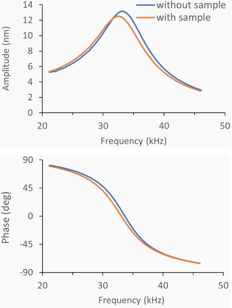 Attachment of a bead to the cantilever leads to a resonance frequency shift that allows the mass determination of the bead.