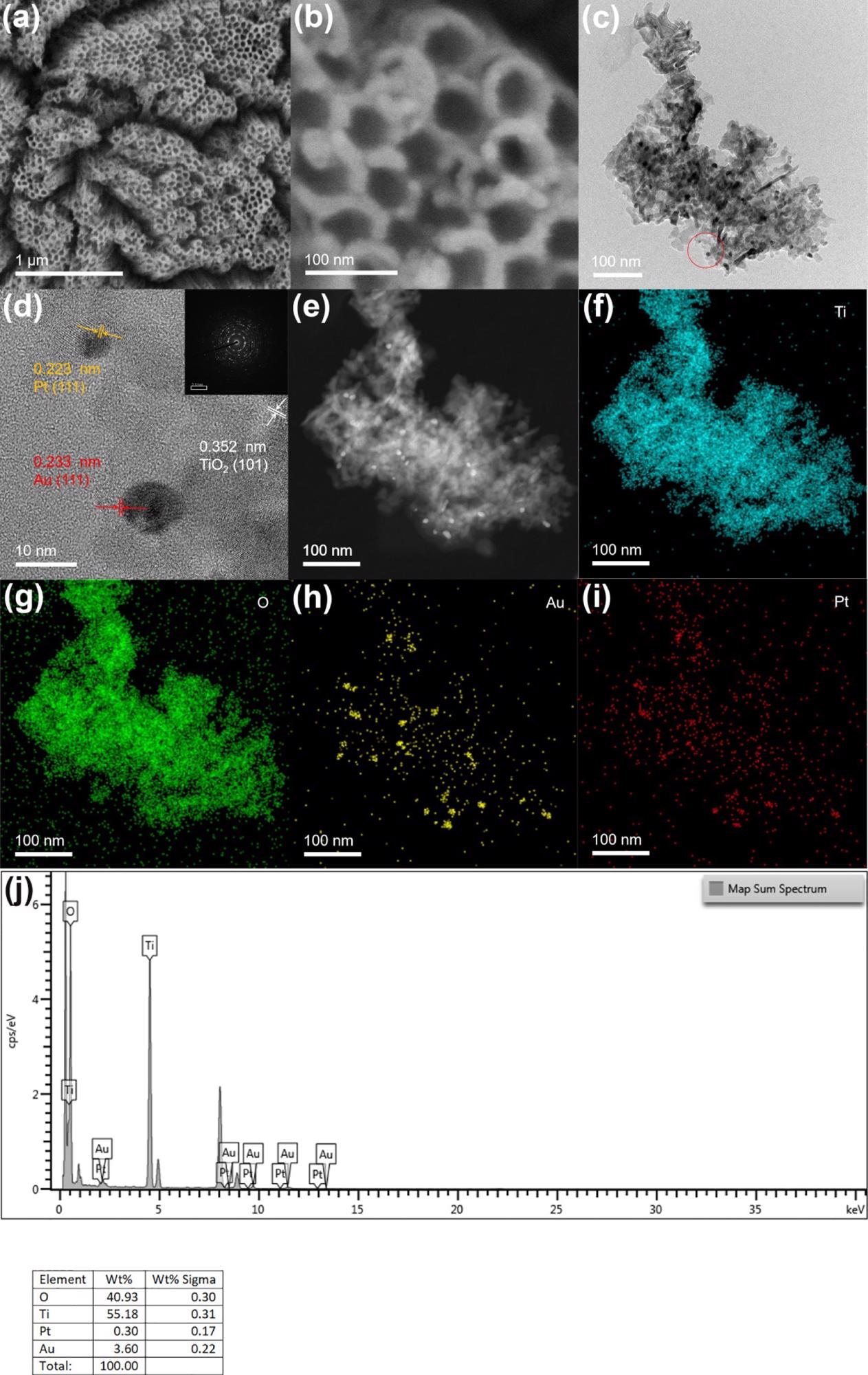 (b) SEM images of TiO2NTs/Au/Pt; (c,d) TEM and HR-TEM images of TiO2NTs/Au/Pt; (e–i) HAADF-STEM and mapping of Ti, O, Au, and Pt of TiO2NTs/Au/Pt; and (j) EDS spectra of TiO2NTs/Au/Pt.