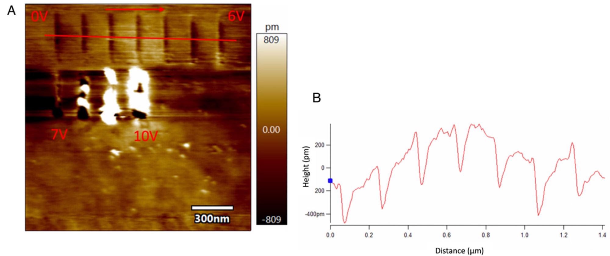 The scratched lines and the line profile with different tip voltages over a silicon substrate with a diamond tip: (A) The scratched lines over silicon using a single crystal diamond AFM tip with different tip voltages ranging from 0 V to 10 V with constant velocity (B) The line profile of the trenches (non-flattened). FT = 4 µN and the humidity is ~75%.