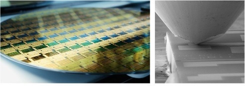 Across length scales: A full-scale wafer (left) in comparison to an individual pad being probed with a sharp diamond nanoindenter (right).