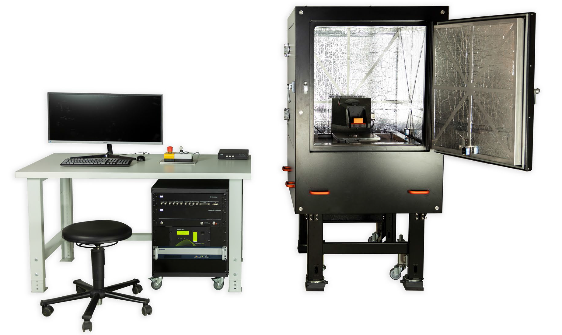 Alphacen tip scanning AFM, with a motorized stage providing full access to 300 x 300 mm2 large samples with weights up to 40 kg. The system is placed in an acoustic enclosure and includes active vibration isolation to reduce the effect of environmental disturbances