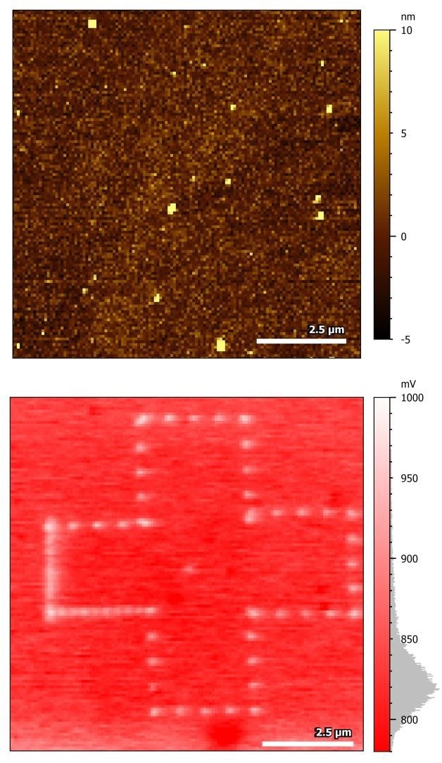 KPFM of locally deposited charges on an insulating oxide surface. The top image shows the surface topography while the bottom image is the KPFM image.