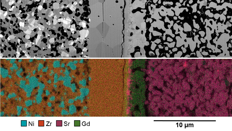 SESI (top) and EDS (bottom) images of an exemplary slice of the SOEC tomography dataset.