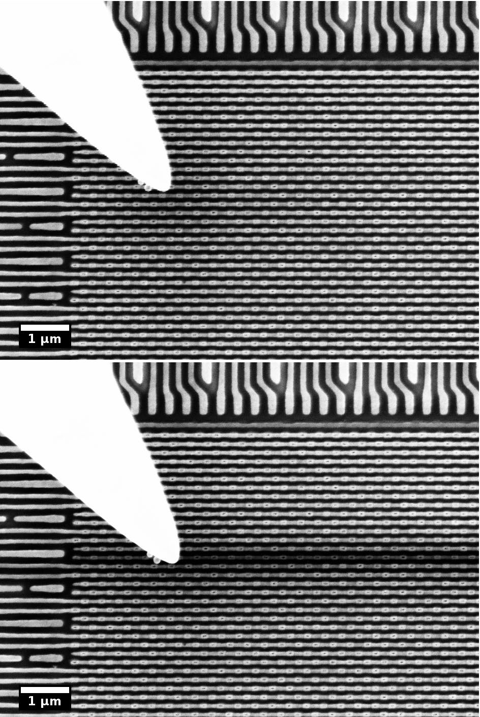Selective biasing of a single, 100 nm wide interconnect line. Top: Before tip contact. Bottom: Contacting the line