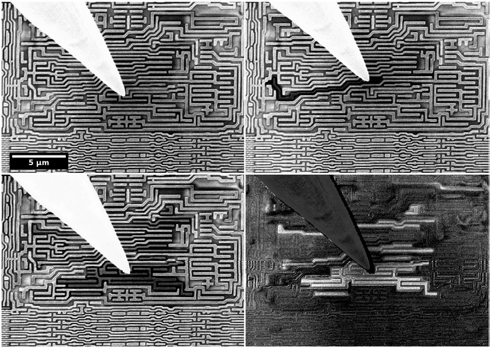 Selective biasing of adjacent interconnects. Top left: Before tip contact. Top right and bottom left: contacting two adjacent lines. Bottom right: Difference image between the two images on the left.