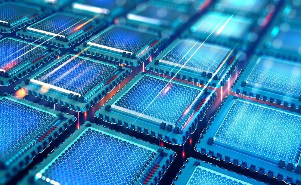 Futuristic CPU. Quantum processor in the global computer network. 3d illustration of digital cyber space