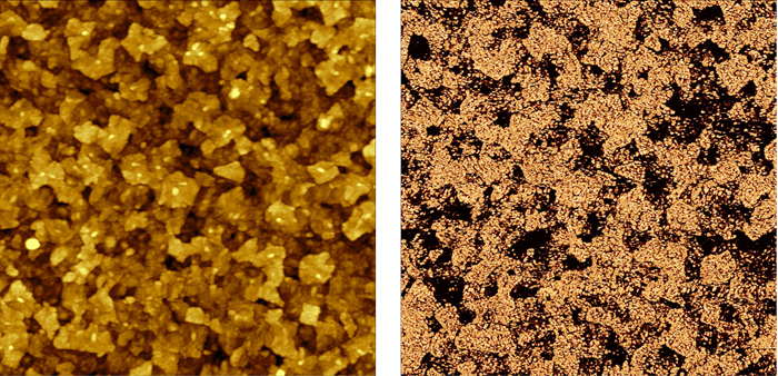 Topography (left) and a C-AFM image (right) of an ITO thin film on glass substrate. Image size: 5 x 5 µm2, current range: 12 nA.