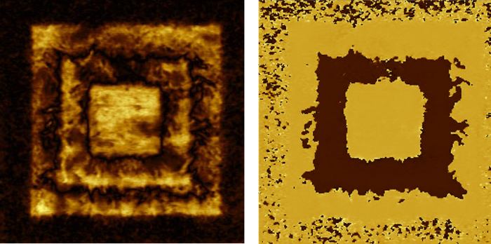 PFM amplitude (left) and phase (right) of P(VDF-TrFE) thin film after applying DC sample bias of 40 V, 40 V, and 40 V during consecutive scanning of 3x3 µm2, 2x2 µm2, and 1x1 µm2 areas respectively. Amplitude range: 10 pm; Phase range from -90° to 90°.