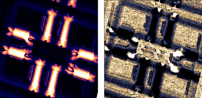 dS/dV amplitude (left) and phase (right) or an SRAM sample. The bright regions in the amplitude image are the p-type conducting channels. Image size: 11 x 11 µm2.