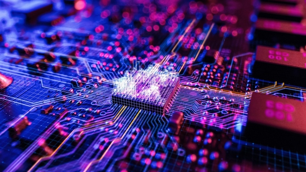Neon Theme Visualization of Circuit Board CPU Processor Starting Digitalization Process and Information Computing, Processing Bits of Data. Computer Graphics, Special Visual Effects, Image.
