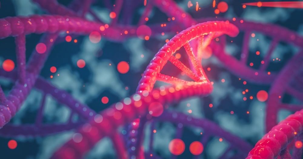 DNA helix colorful genes chromosomes DNA sequence, DNA structure with glow. Science concept background 3d rendering