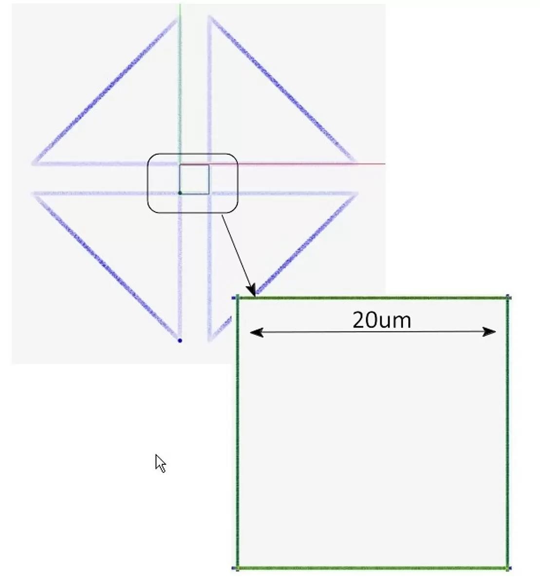 Here, a 20 µm square with advanced motion path planning is shown. The constant combined vector velocity is 100 µm/sec