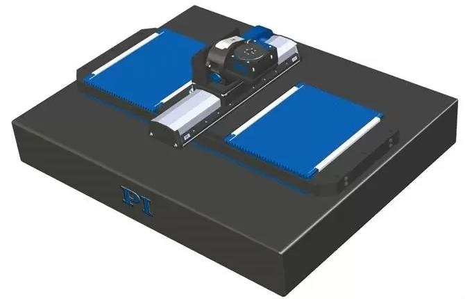 Multi-axis positioner with bellows protected wide-base rails-on-granite bottom stage, V-417 linear motor stage with side seals and Theta-X and Theta-Z precision rotary tables