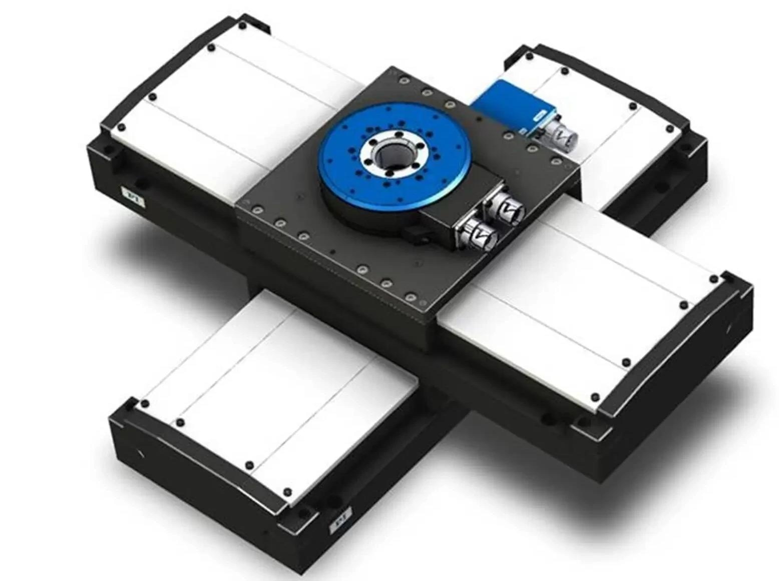 3-axis-stage assembly, based two V-817 units mounted in XY-table configuration and a V-610, direct-drive rotary stage. Due to the wide base of the V-817 stage, this combination works well for 200mm Y-travel ranges, as shown above.