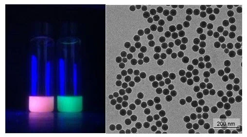 Left: Multicolor fluorescent nanobeads dispersed in water (emission is available from blue to red/infrared). Right: Representative TEM image of monodispersed silica nanobeads (Prod No. 797952).