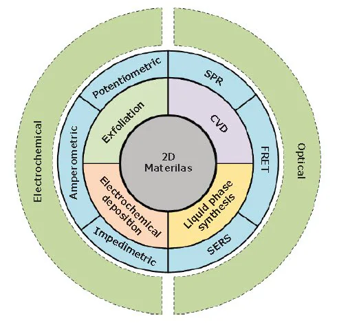 An overview of various synthesis methods (i.e., exfoliation, chemical-vapor deposition (CVD), electrochemical deposition and liquidphase synthesis) of 2D materials for application in electrochemical biosensors (i.e., amperometric, potentiometric, and impedimetric methods) and optical biosensors (i.e. FRET: Forster resonance energy transfer, SERS: surface-enhanced Raman spectroscopy, and SPR: surface plasmon resonance)