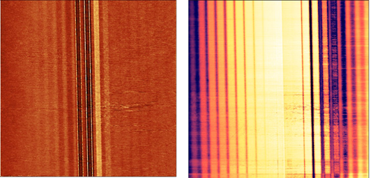 Topography (left) and an SSRM image (right) of a dopant density calibration sample. SSRM image shows different conductivities for regions with different dopant densities. Range of dopant densities: 4x1015 – 1020 cm-3. Image size: 50 x 50 µm2, current range: 15 µA