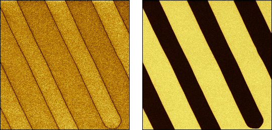 CR-PFM on LiNbO3: PFM amplitude (left) and PFM phase (right). In the PFM amplitude image, the piezoelectric domain boundaries are clearly visible while the PFM phase image indicates the polarization direction of the domains. Image size: 30 x 30 µm2.