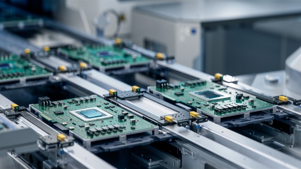 Circuit Board with Advanced Microchip on Assembly Line. Electronics Manufacturing Facility or Factory. Electronic Devices Production Industry. Fully Automated PCB Assembly Line.