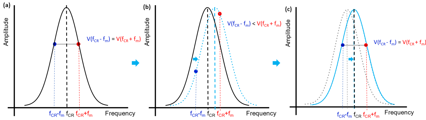 Schematic of DFRT principle. (a) Initial contact resonance and the three excitation frequencies (f CR, fCR - fm, and fCR + fm); V(fCR - fm) = V(fCR + fm). (b) As the resonance shifts (dashed light blue line) the amplitudes of the sidebands are no longer the same, V(fCR - fm) < V(fCR + fm). (c) Using the difference V(fCR - fm) - V(fCR + fm) as feedback, the PID controller in the lock-in amplifier shifts all three excitation frequencies (f CR, fCR - fm, and fCR + fm) so that the sideband amplitudes are the same again, V(fCR - fm) = V(fCR + fm).