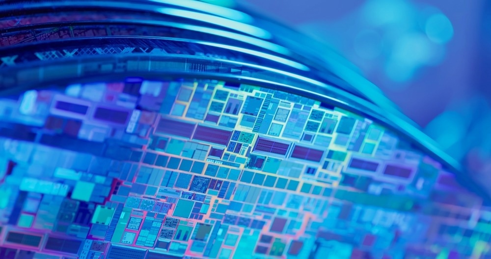 Macro of many silicon Wafer with semiconductors in box inside clean room