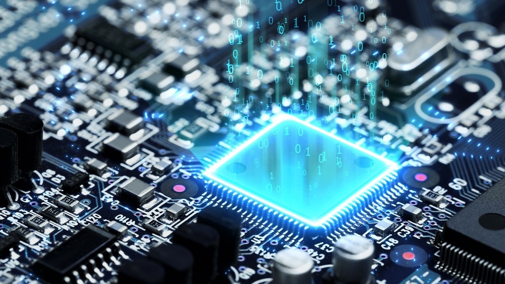 Digital binary data on microchip with glow circuit board background, Motion graphic.