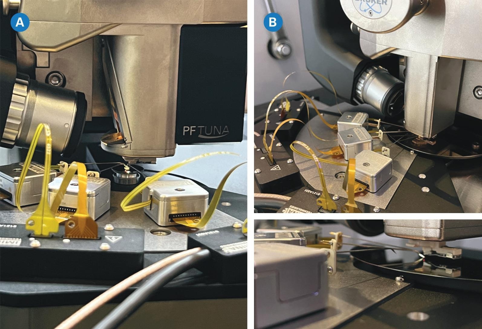 A Dimension Icon AFM with three Imina microprobers positioned onto (a) a small sample mounted on a SEM-compatible stub, and (b) a wafer sample with tip holder optimized for high clearance.