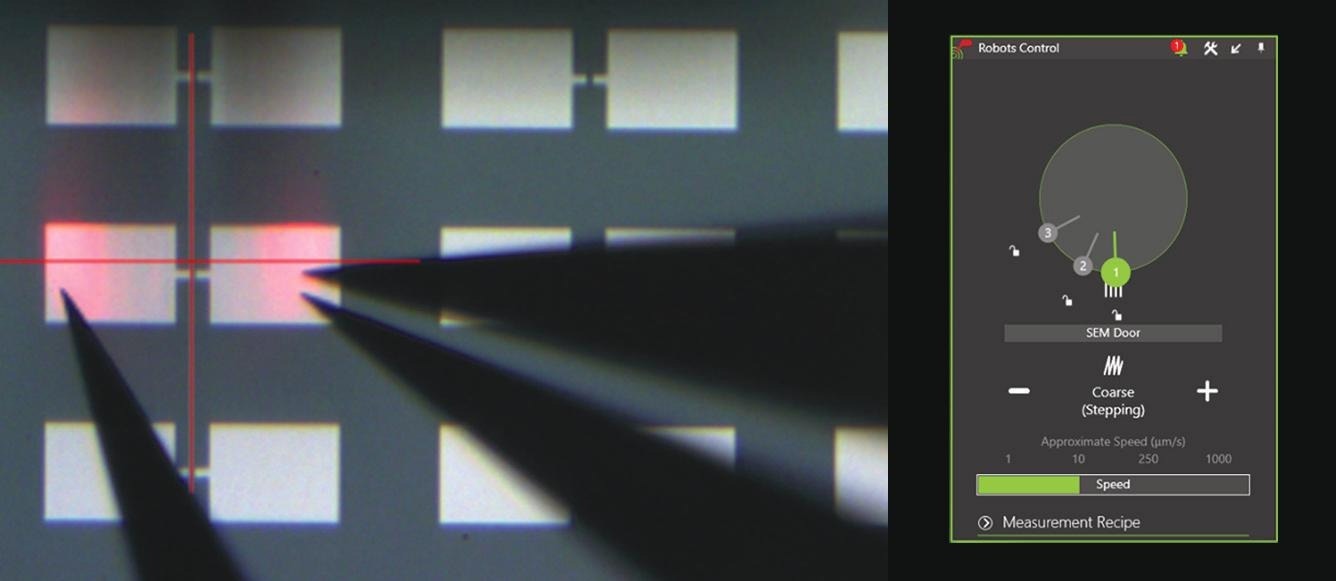 Software view of three Imina microprobers positioned onto the device, prior to engaging the AFM tip onto the sample surface. The Imina Technologies Pricisio™ software is also displayed.