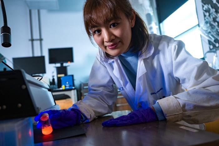 The researchers used a fluorescent surfactant, i.e. glowing soap, to tag the nanomaterial samples and render their motion visible.Image Credit: Jeff Fitlow/Rice University)