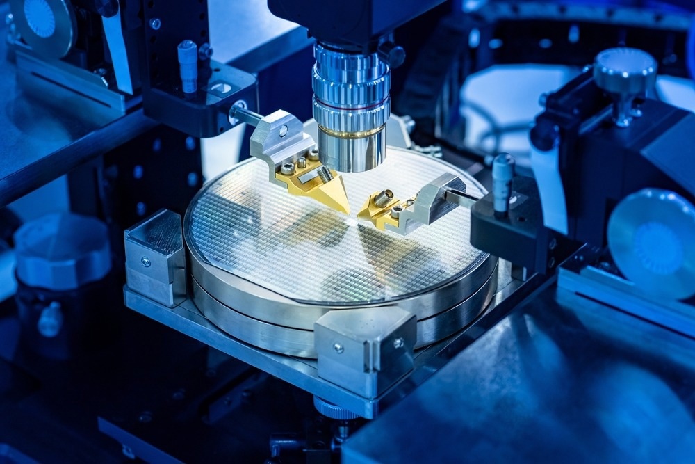 Close up of examining of test sample of microprocessor. Microchips transistor under microscope. Equipment for testing microchips and PCB. Automation of PCB production. Manufacturing of microchips.