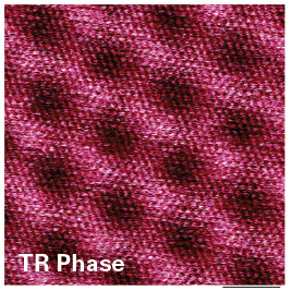 Moiré pattern formed by hBN layer on graphene. Both the 2.6 nm moiré pattern period as well as the underlying lattice of graphene are captured with atomic resolution in this 10x10 nm image. Data acquired with an AD-2.8-SS probe in TR-DFM at 100 nN load, 1.43 MHz contact (torsional) resonance, and 8.14 Hz line rate